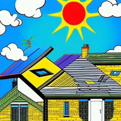 The sky, sun and clouds. House rooftop with solar panels.
