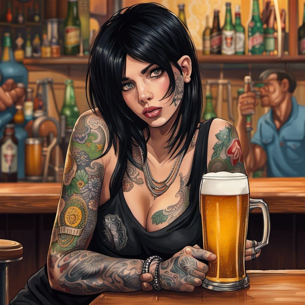 Tattooed Girl at Bar, Hyperdetailed