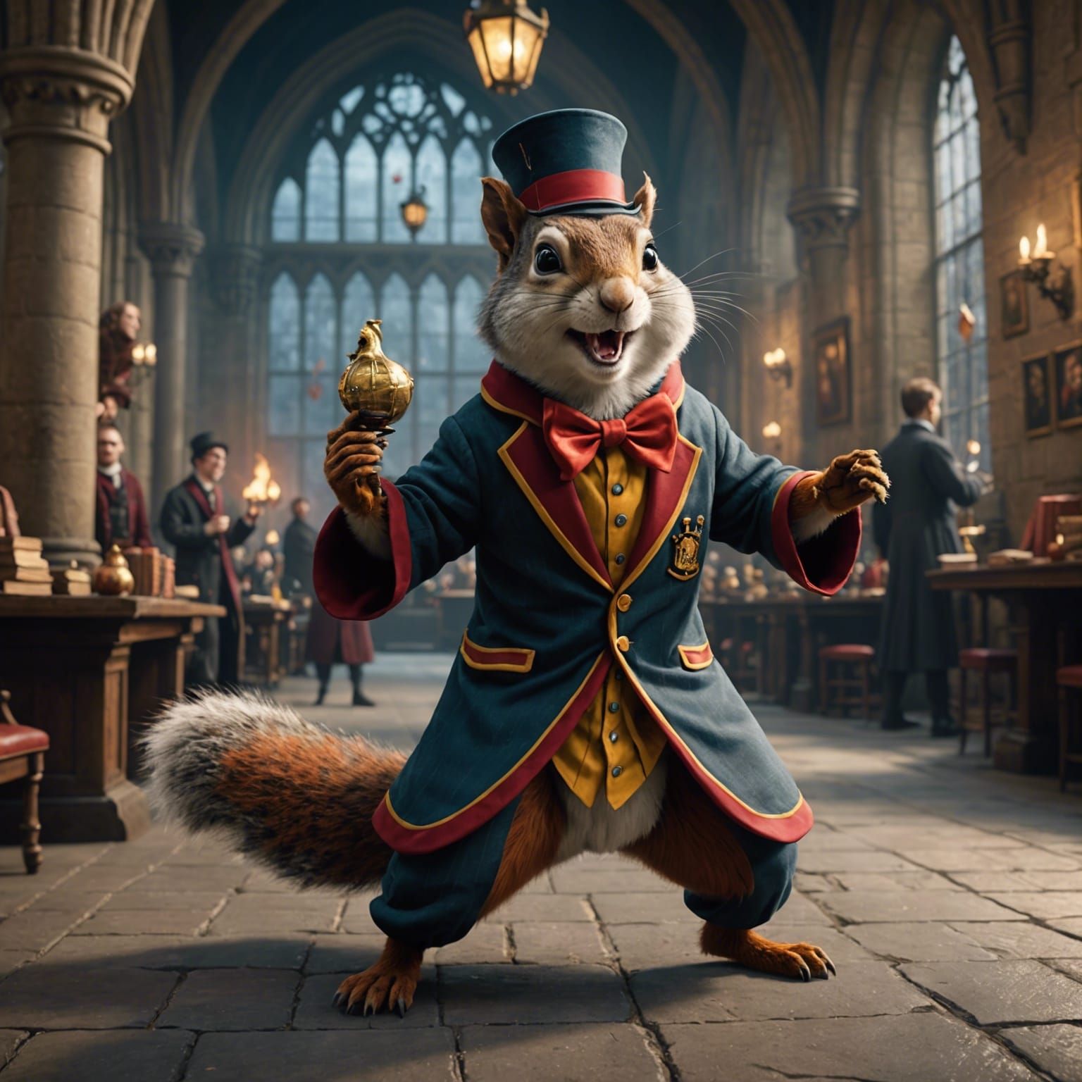 A squirrel dressed in clown clothes figthing with Voldemort in Hogwarts ...