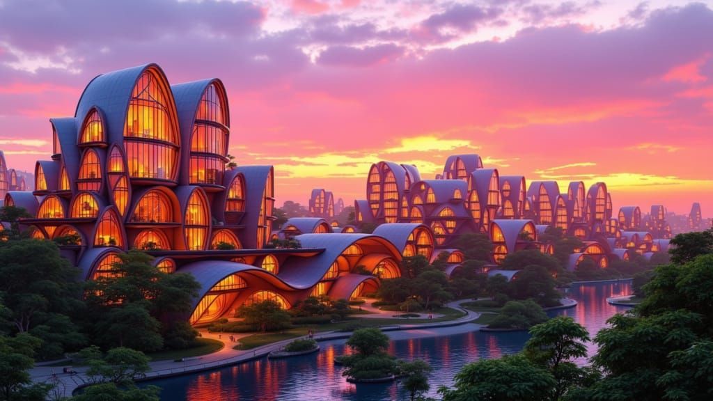 <lora:AccuTecture:1.0> translucent buildings at sunset