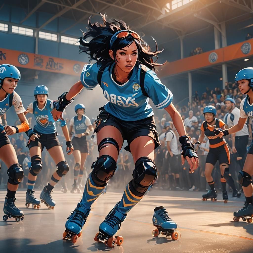 A young girl with tan skin playing roller derby she has black hair and a white and blue uniform