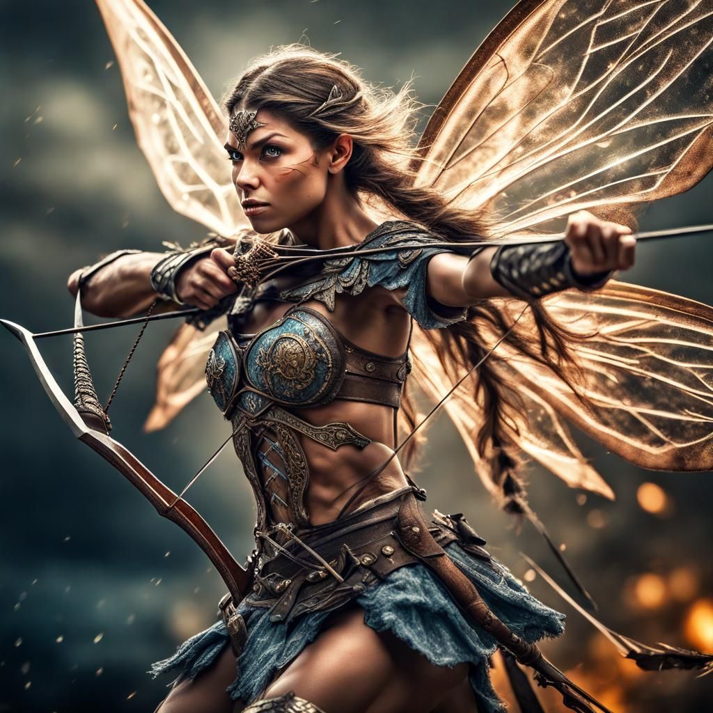 A warrior fairy with a magic bow, flying into battle