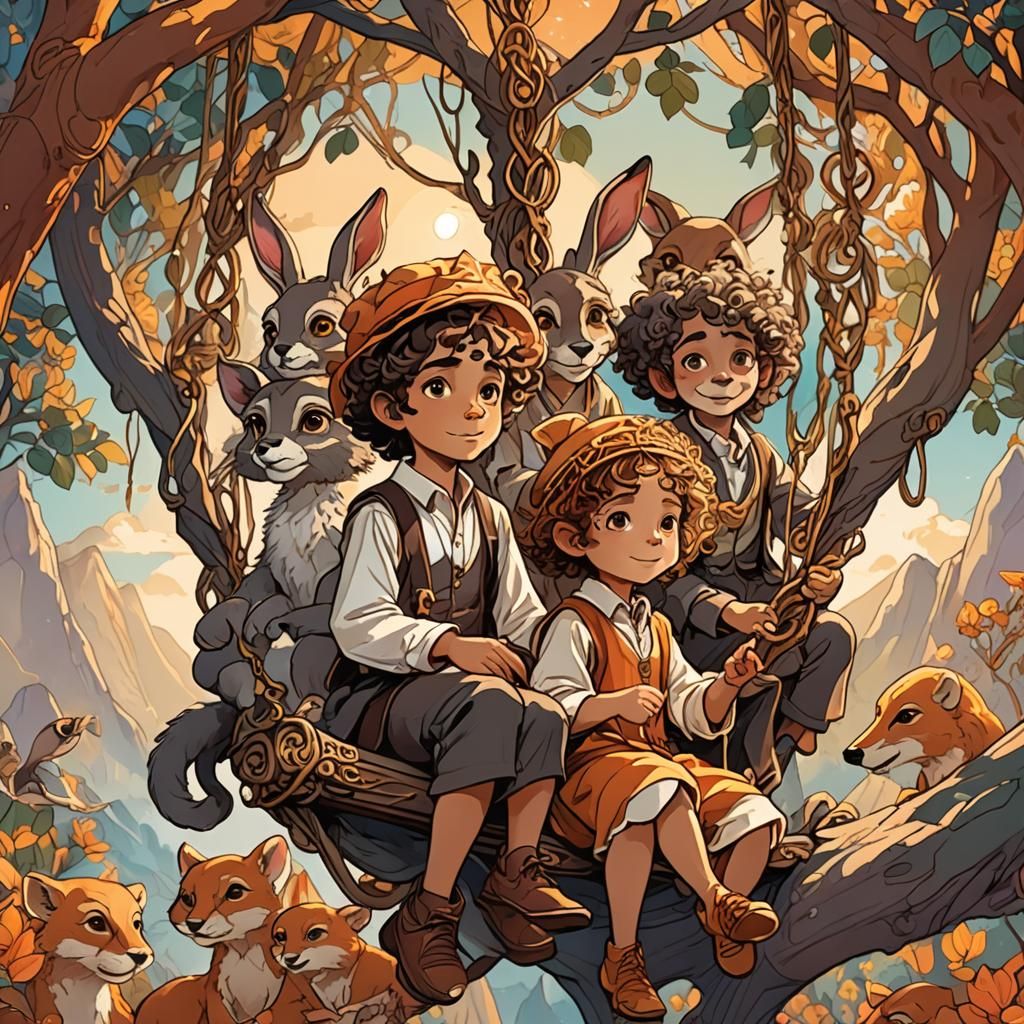Children on Mountain Swing in Art Nouveau Style