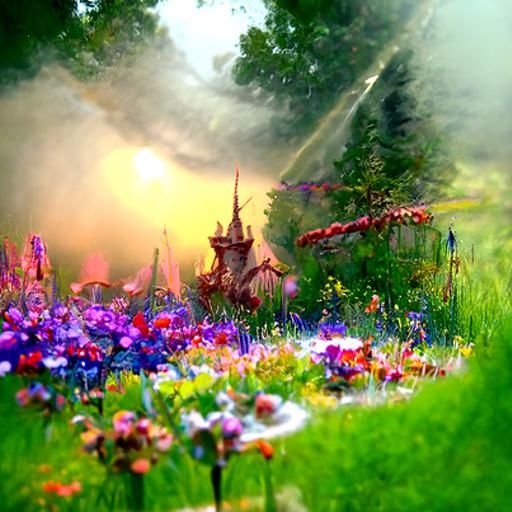 Faery land, endless fields of flowers, dusk and rain