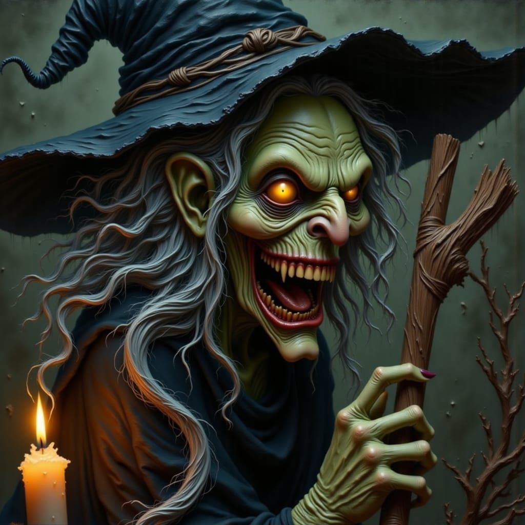 A withered, gnarled crone with a desiccated, apple-like visage, distorted by age and malice, sporting a wicked, sadistic grin, her skin a si...