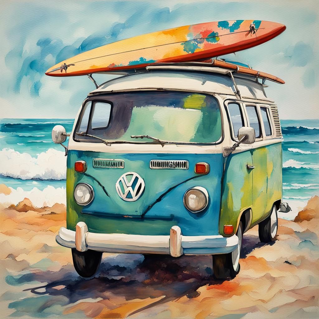 street art, retro Volkswagen combi van with surfboard by its side ...