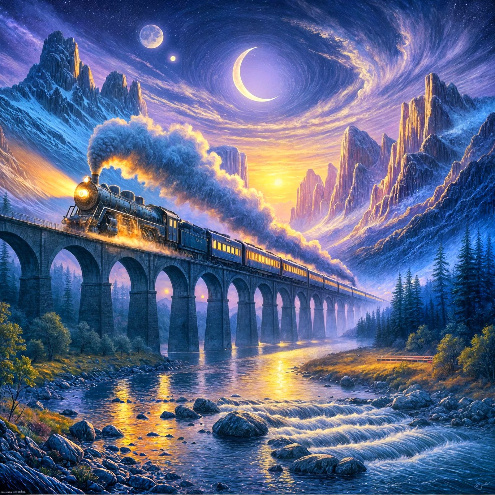 Impressionist Train Crossing Bridge at Purple Sunset