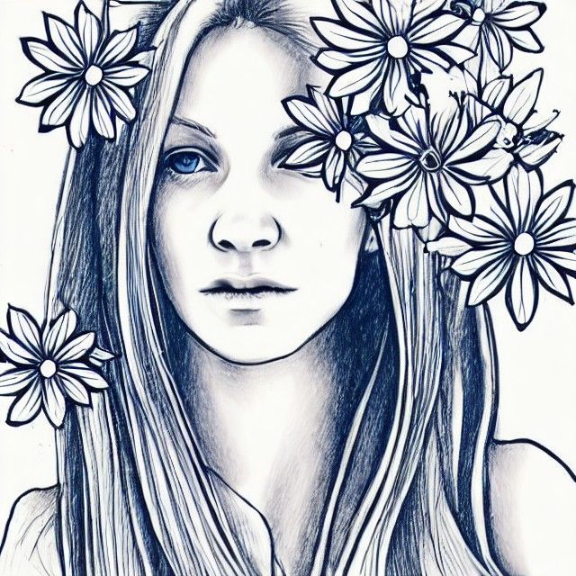 Beautiful blonde haired woman blue eyes holding flowers ink ...