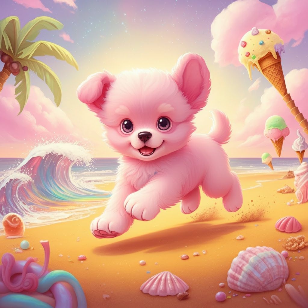 Pastel Puppy's Beach Adventure in Whimsical Style