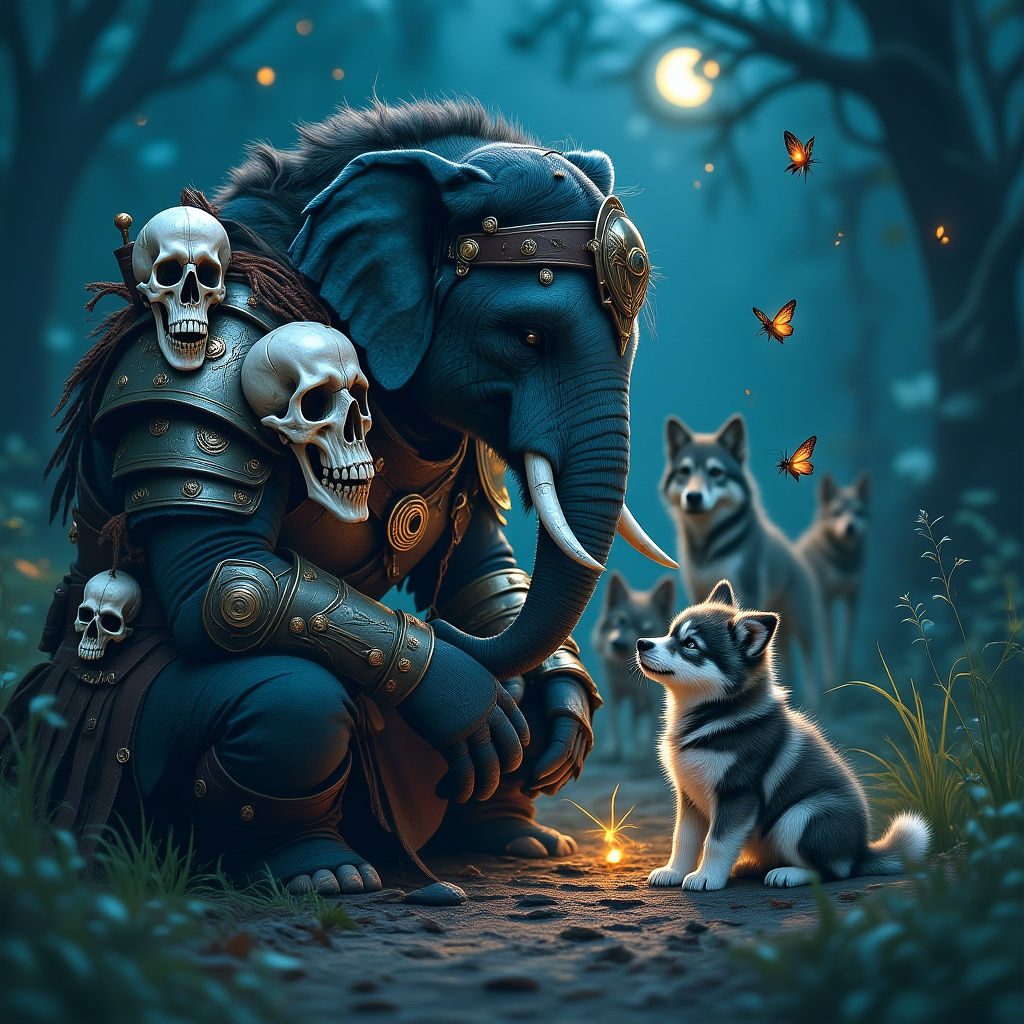 Night time, An elephant style man with hand made armour surrounded by luminescent beetles flying around lighting the area by the glow of the...