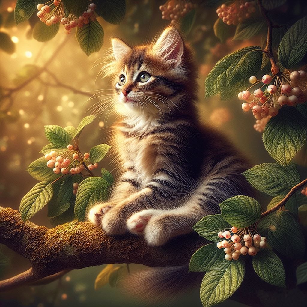 kitten sitting on a tree branch