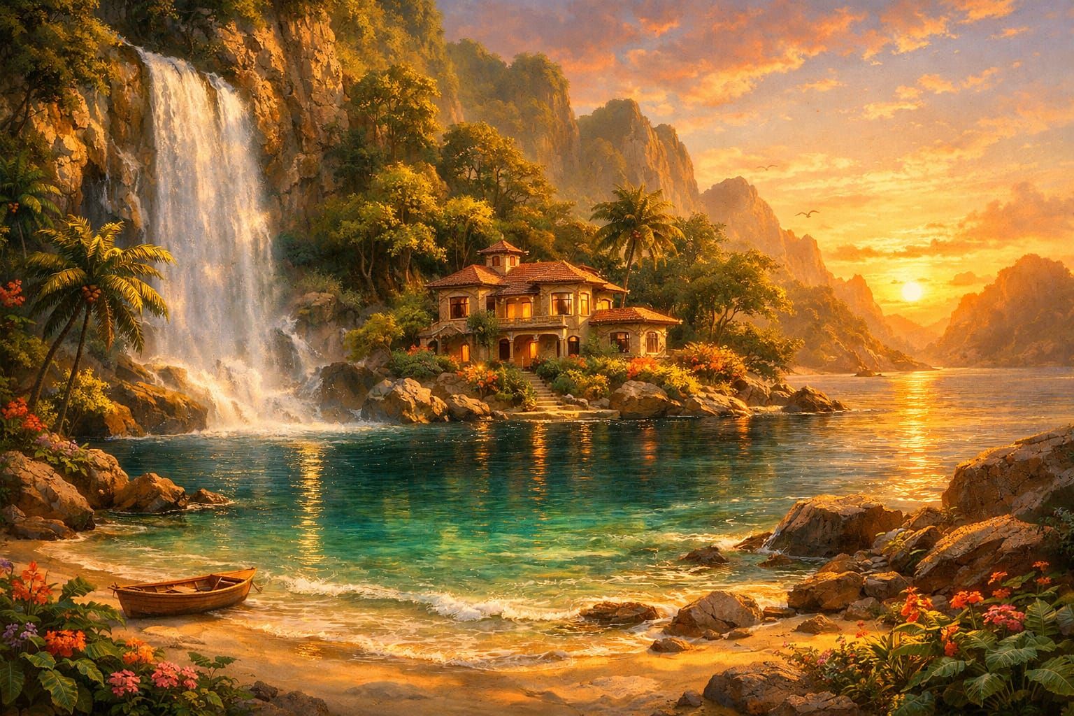 High fantasy landscape painting. A hidden cove on a tropical island. A waterfall cascades into a crystal-clear lagoon. L...