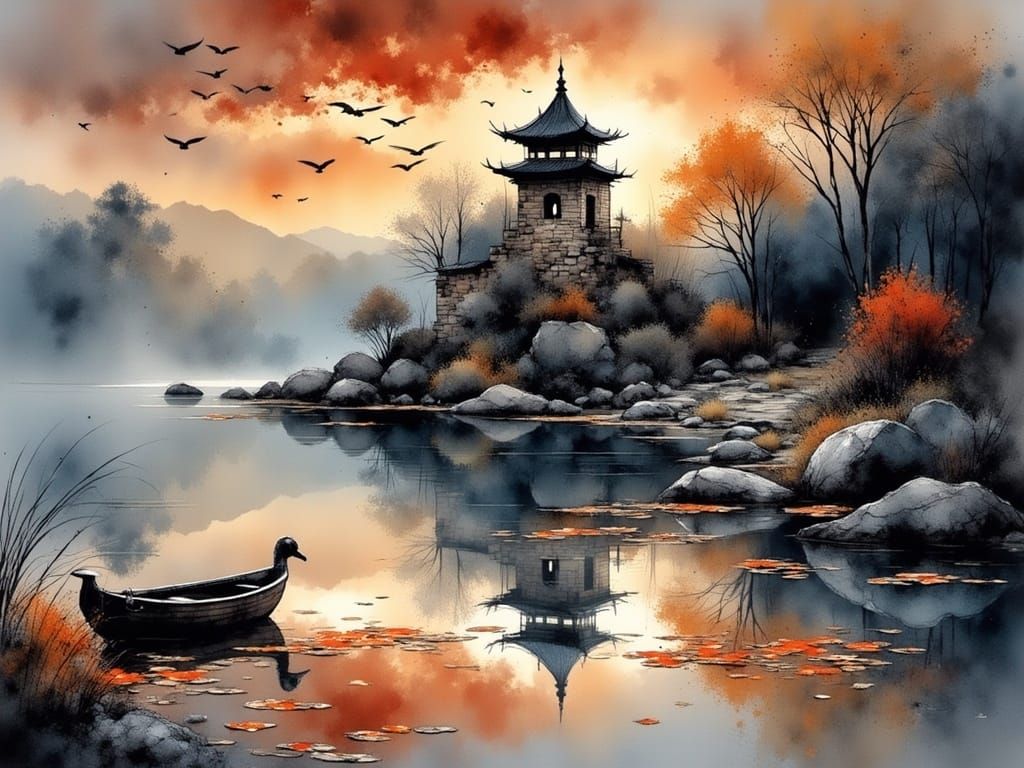 the mysterious oriental ruined city is reflected in the lake, in the gentle sunset, by Stewart Edmondson, Thomas Wells Schaller and Nita Eng...