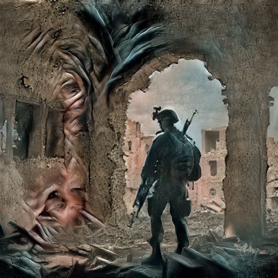 soldier in a spooky surrealistic war zone