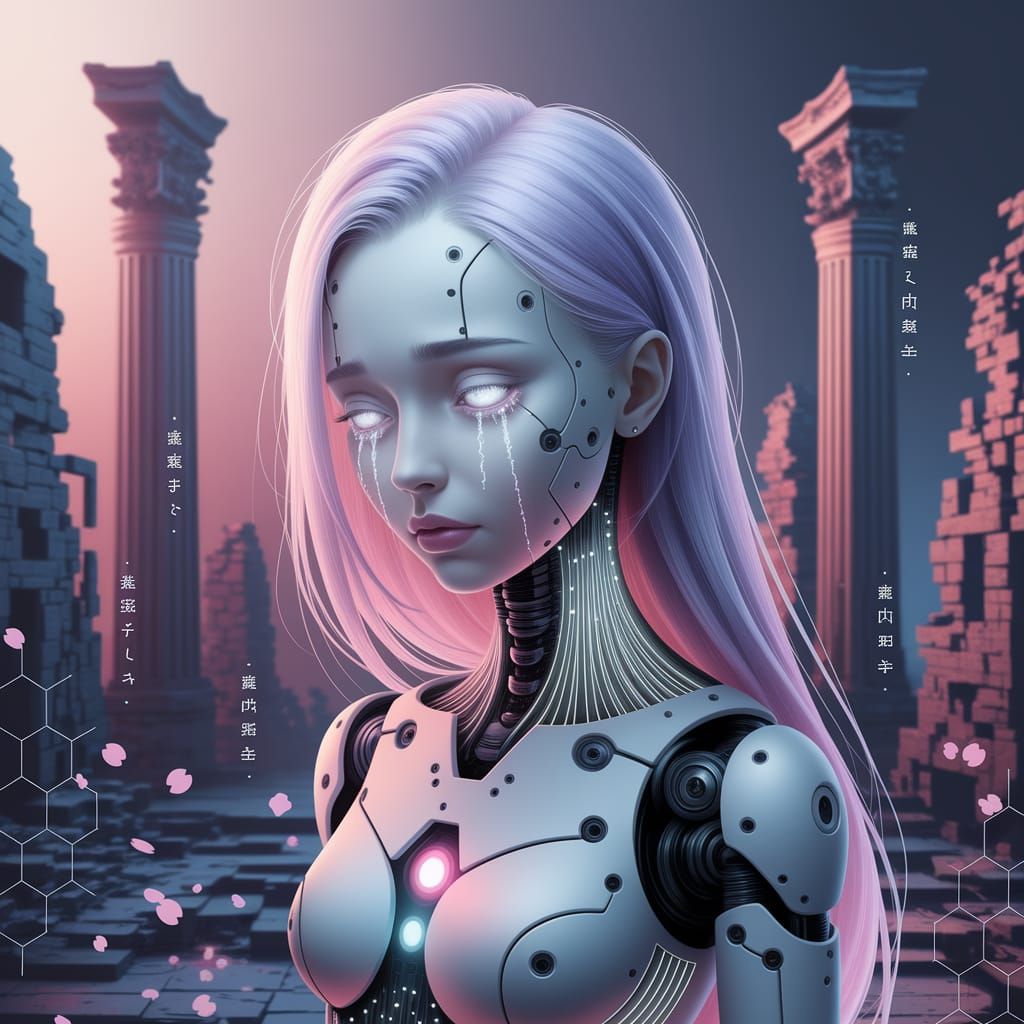 Cybernetic Android Mourns in Digital Temple Ruins
