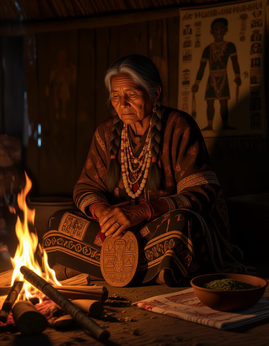 "Hyper-realistic portrait of the same elderly tribal woman, now seated beside a flickering ceremonial fire. Her posture is upright but weary...