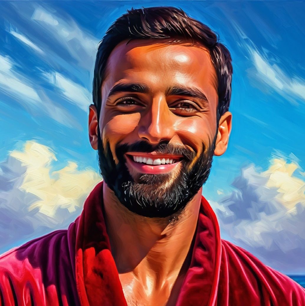 A handsome man with black    hair and beard wearing a    red...