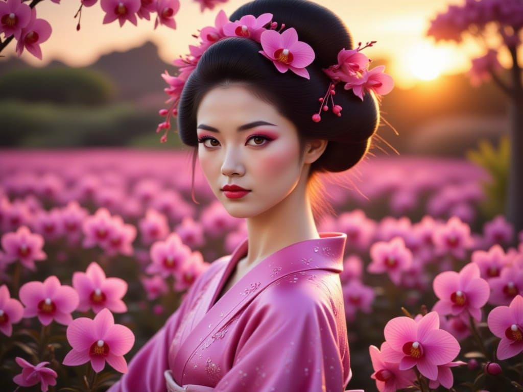 Solo Geisha with Radiant Sunset Kanashi Orchids
"A photorealistic geisha with bold pink eyes and a matching pink kimono, high resolution, ci...