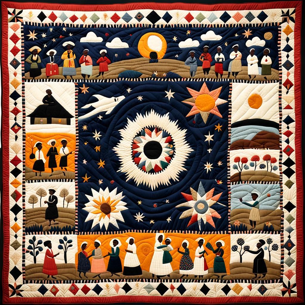 Narrative quilts, depict biblical stories and astronomical e...