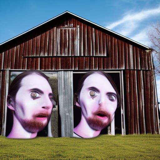 Group photo of dead people Infront of barn, distorted faces,...