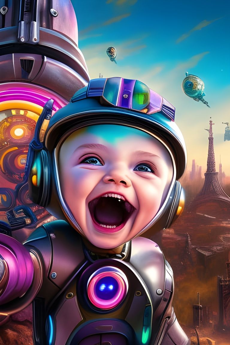 Super happy cyborg baby taking a selfie in old Neo-Paris
