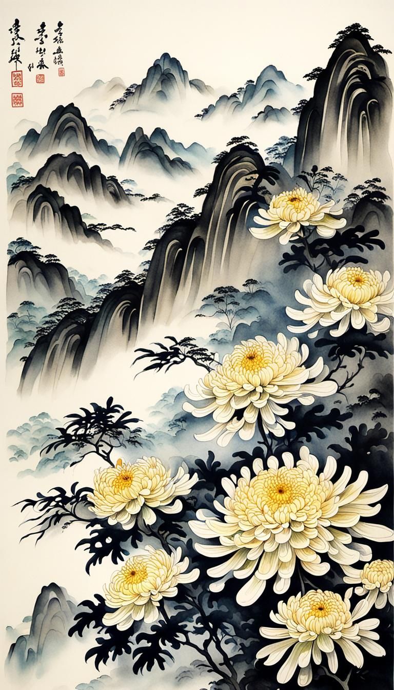 Chrysanthemum in ink painting  by @Me May Phim