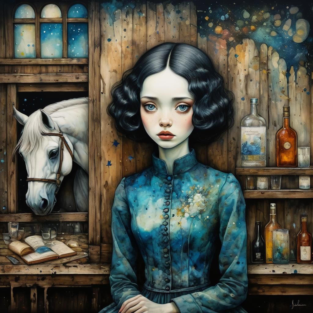portrait, female somnambulist, rustic stables, dreamy, alcohol ink with splatter, naturalism, Benjamin ...  by @Carol B