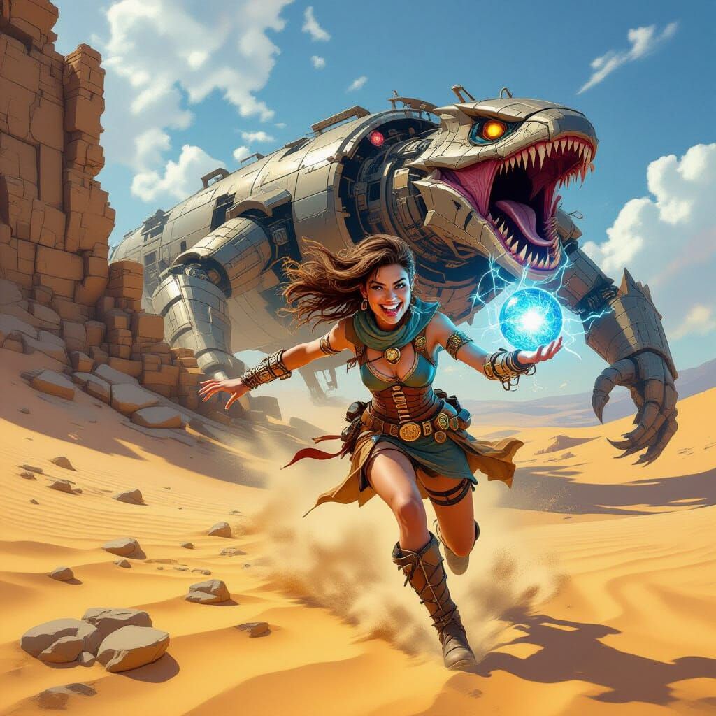 Detailed mid-motion digital painting: close-up of a whimsical impish desert rogue with mischievous grin running down a dune beside a shatter...