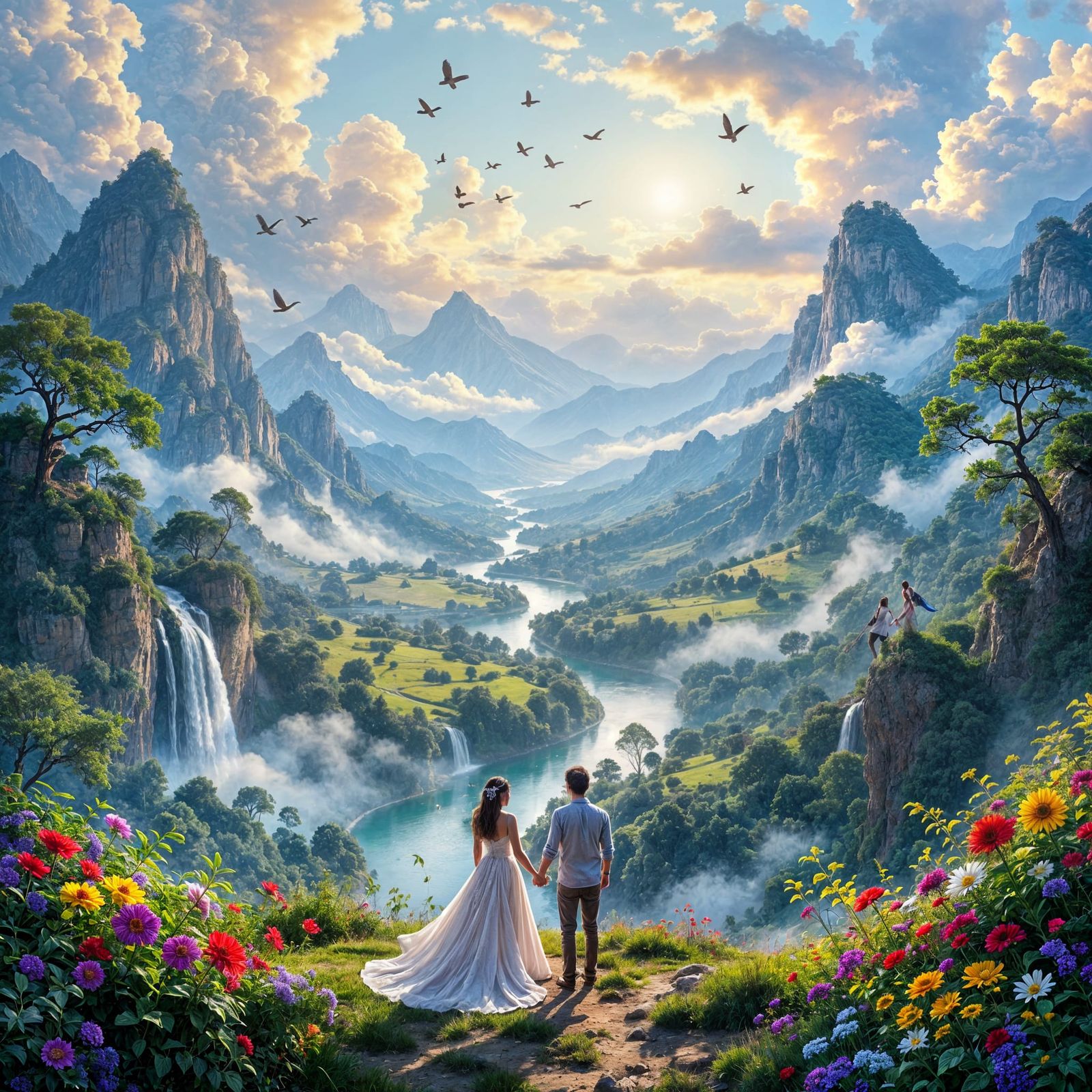 Vast Panoramic Fantasy Landscape with Lush Forests and River...