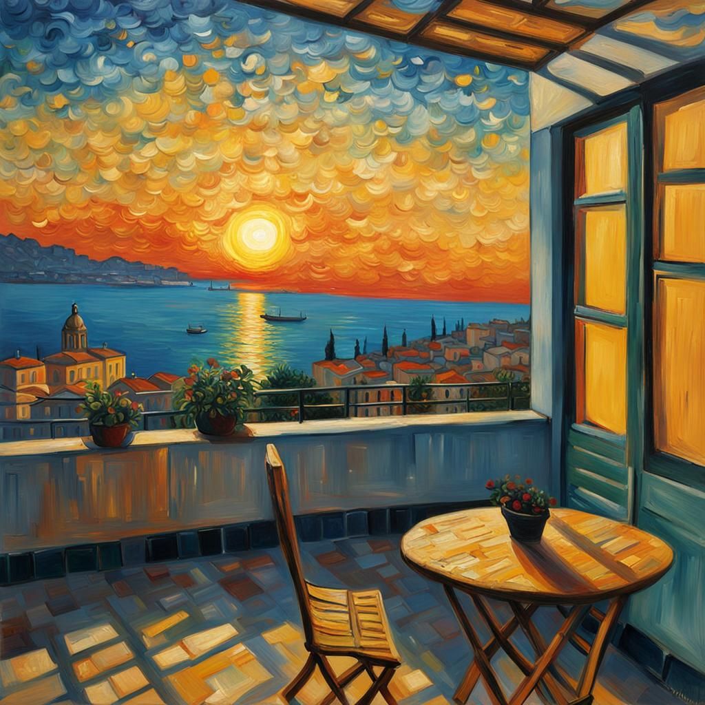 sunset on a terrace overlooking a mediterranean skyline as a...