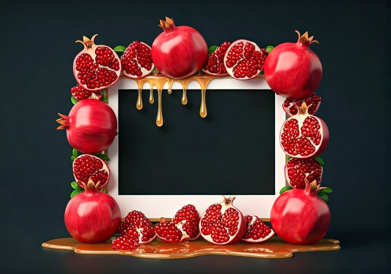 An empty postcard is placed on a table, on the table is a Jewish shofar, pomegranates, a jar of honey abstract vector fractal, wave function...