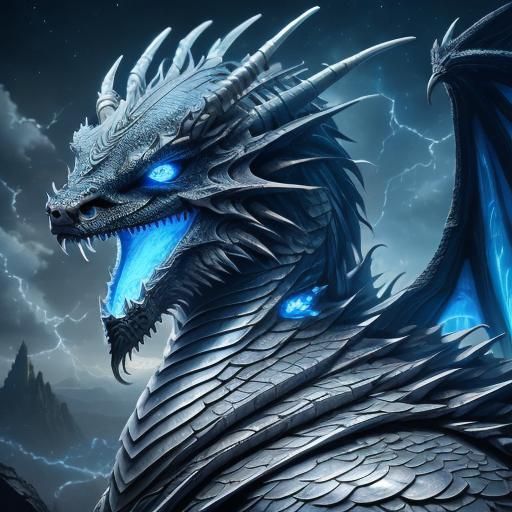 <lora:Realism of Dragons:1.0> An ancient dragon with four wings flies in the night sky, his scales are the color of pure silver, markings gl...