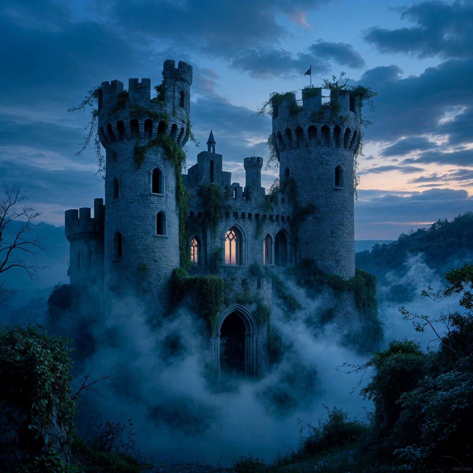 A majestic, ancient castle, partially reclaimed by nature, stands silhouetted against a twilight sky. Vines creep up its crumbling walls, an...
