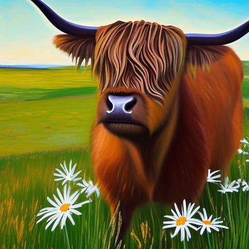 Neo impressionist highland cow licking nose in a field of daisies - AI ...