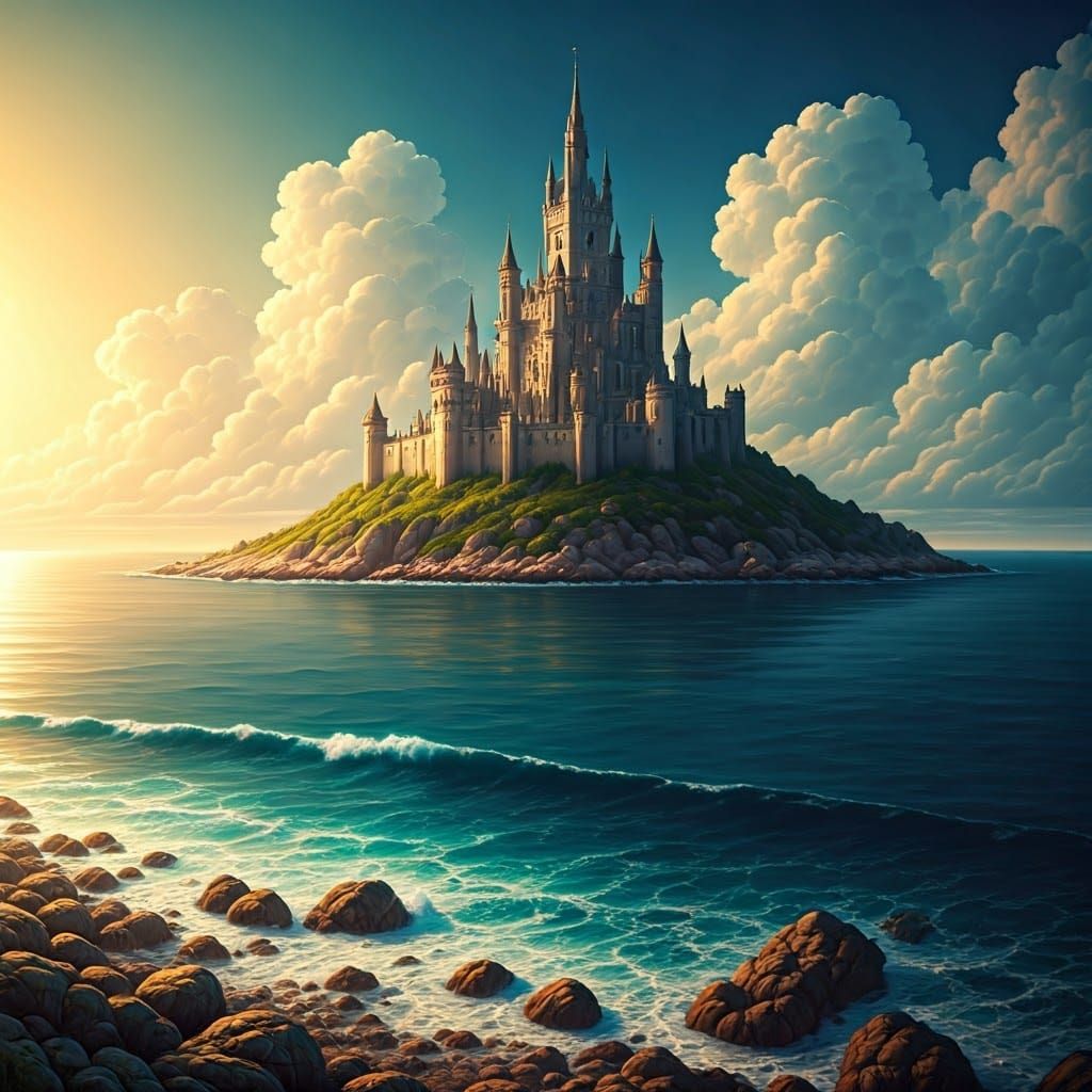 Island Castle Sunset in Romantic Seascape Style