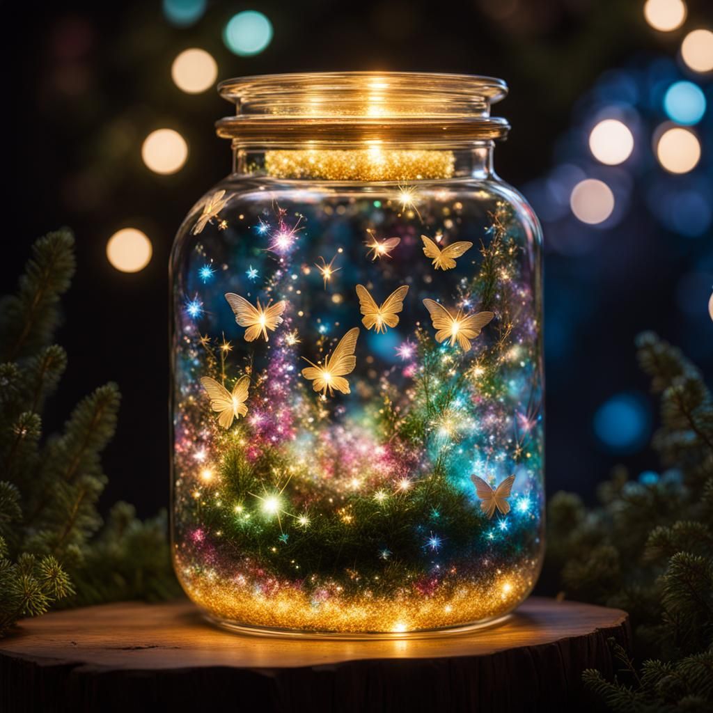 A large glass jar full of precious sparkling fairy dust.  by @CreditonJules