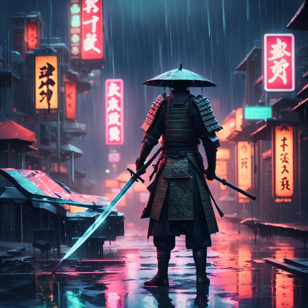 Heartbroken Samurai in Rainy Neon Cityscape