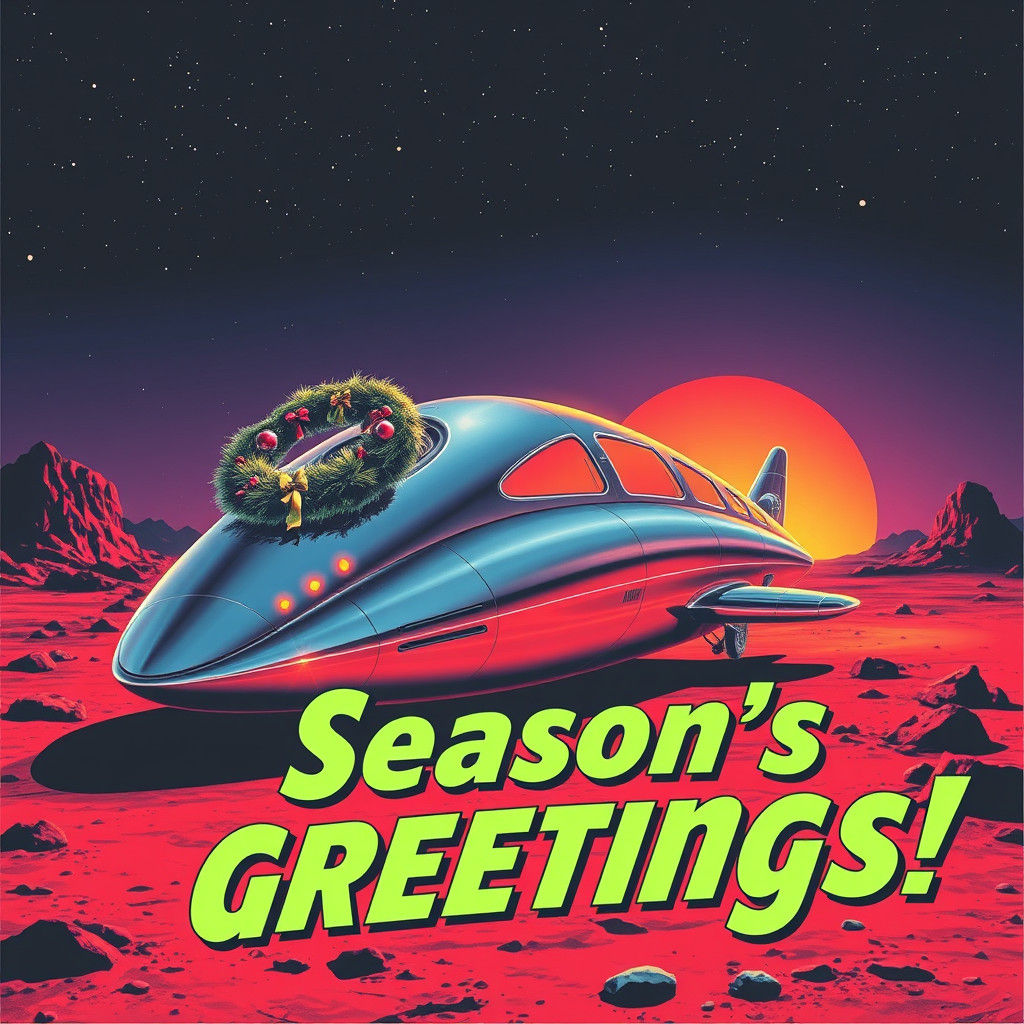 A 1950's Holiday Postcard From Mars of a spaceship with a wr...