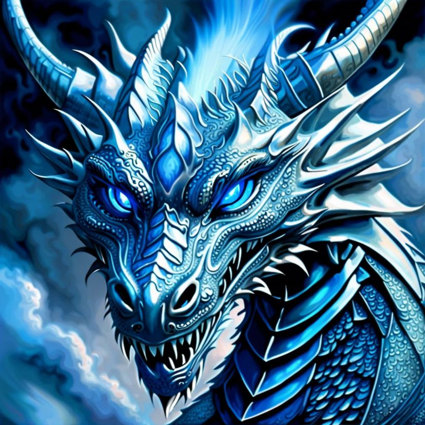 Silver dragon head. Glowing blue draconian eyes. Blue fire storm - AI ...