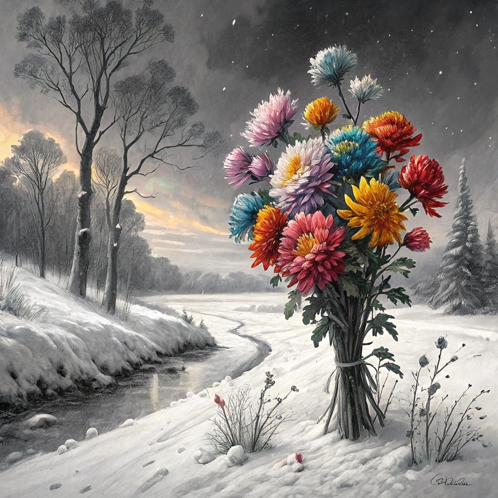 Vibrant Flowers Erupt in Stark Winter Landscape as Impasto P...