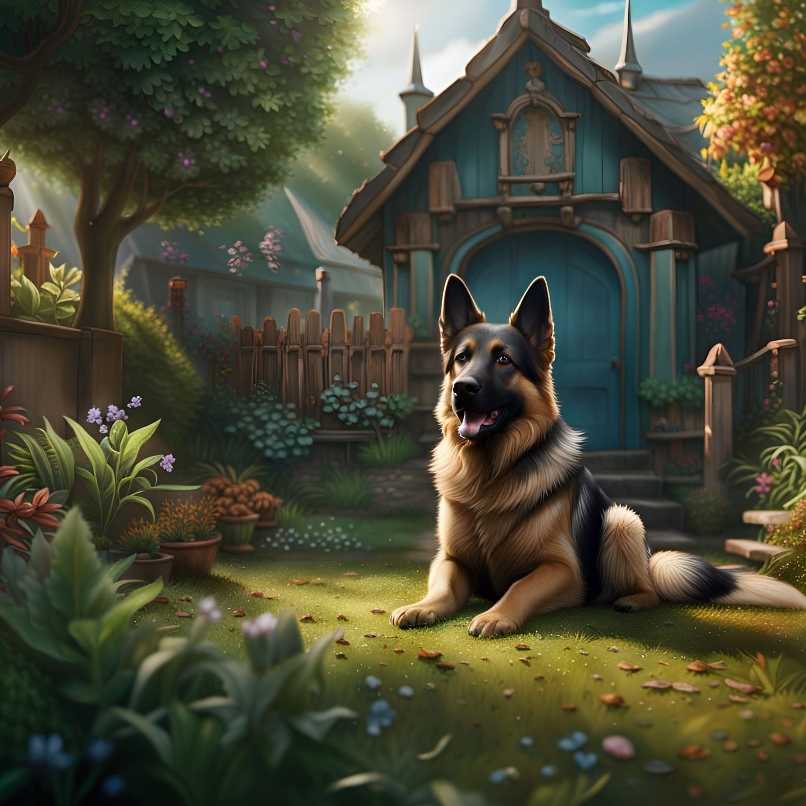 German Shepherd dog sitting in a backyard.