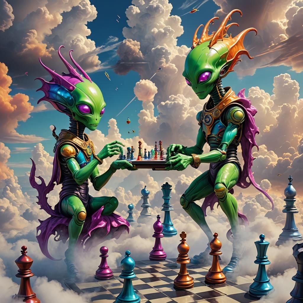 Two alien kids engage in a game of chess on clouds. One alie...