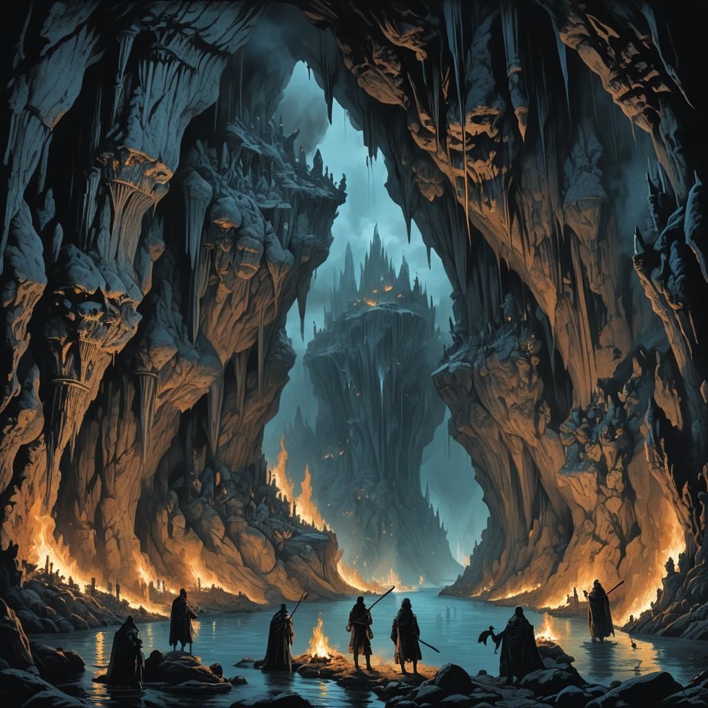 a cave with white walls, with colored stalagmites and stalac...