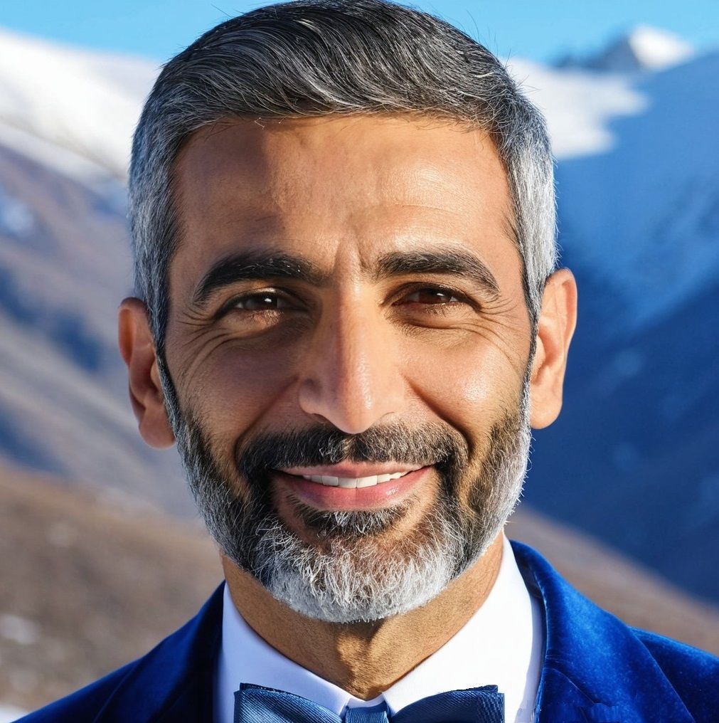 A handsome bearded man wearing a blue velvet suit with a bow...