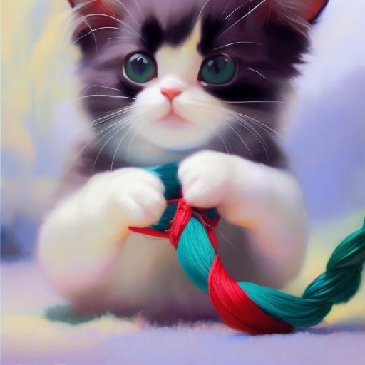 the shot of an adorable kitten playing with yarn on its back...