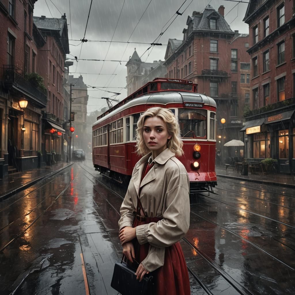 an old fashioned red and white tram with old fashioned drab looking ...