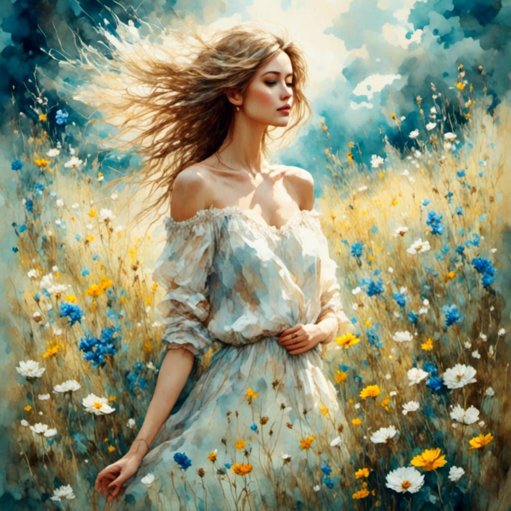 Woman in Sunlit Meadow, Antique Watercolor Style