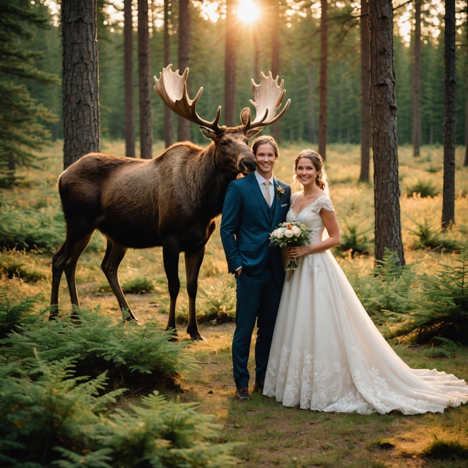 "Capture a whimsical outdoor wedding scene set in a picturesque forest clearing during the golden hour, ...  by @JuiceBox