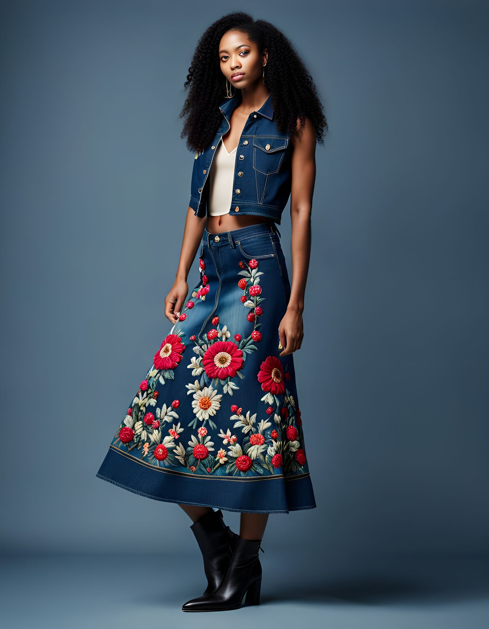 Model wearing an intricately detailed Embroidered denim skirt - AI
