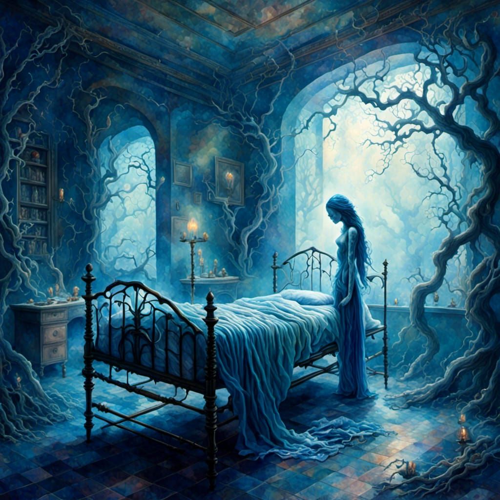 <lora:Colorful Magic:1.0> breathtaking eerie abandoned psichiatric hospital room,  ethereal ghost figure made of blue fog, nighttime, creepy...